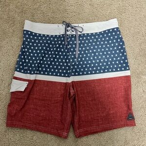 Trinity Men’s Boardshorts Swim Trunks Size 38 Red White & Blue Flag‎ EUC